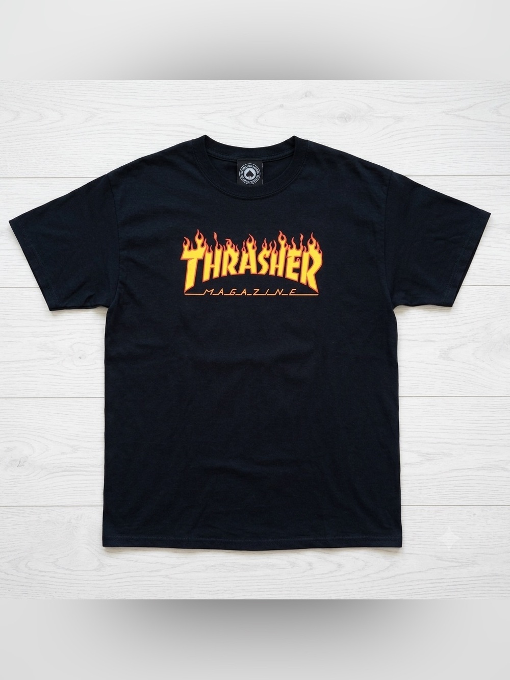 Thrasher Magazine Flame Logo Black Graphic Skate T-Shirt Top Youth Large Vintage